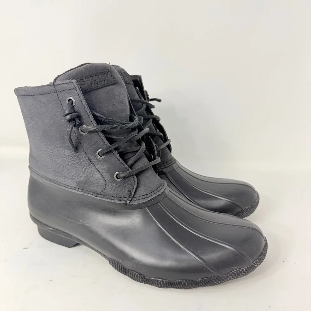Sperry Saltwater Womens Black Leather Rubber Duck Boots STS88108 Size 11